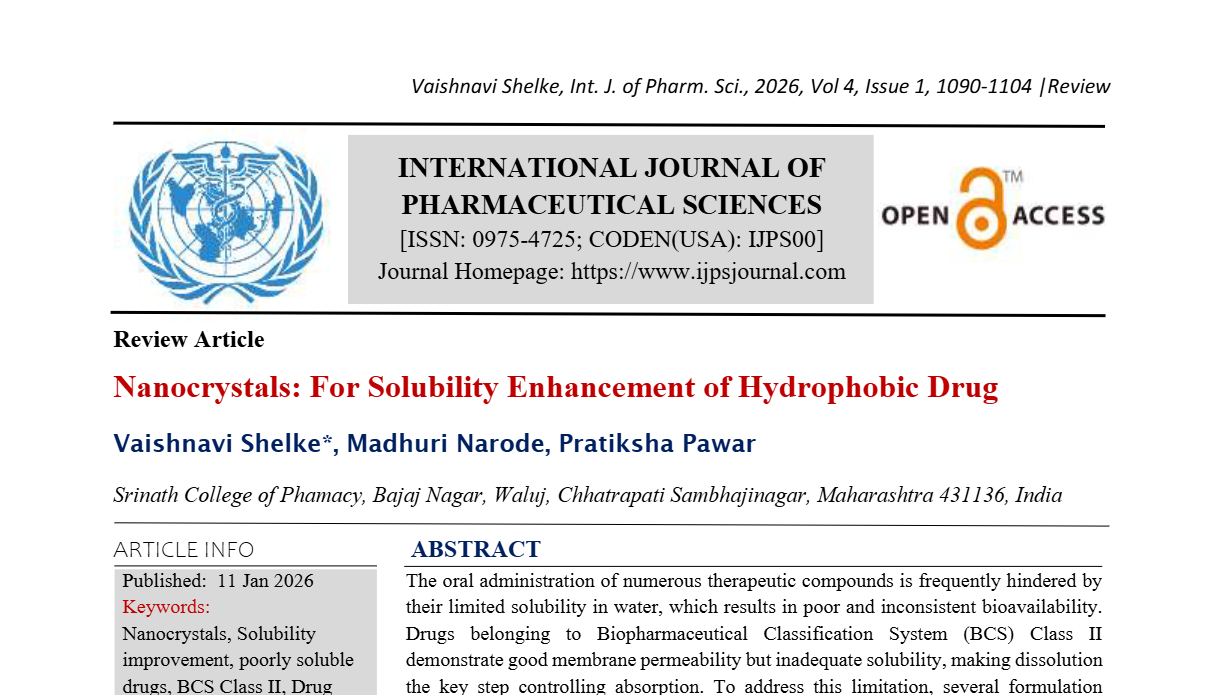 Nanocrystals: For Solubility Enhancement of Hydrophobic Drug
