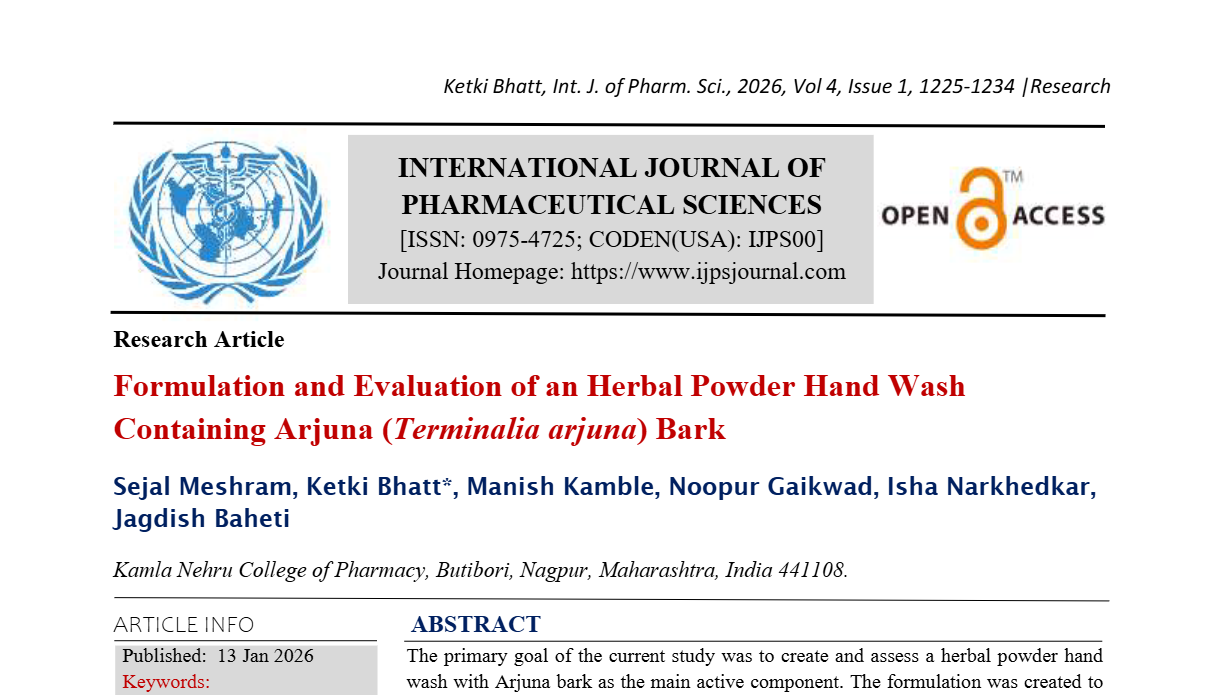 Formulation and Evaluation of an Herbal Powder Hand Wash Containing Arjuna (Terminalia arjuna) Bark