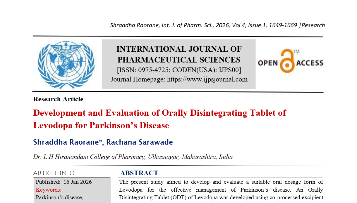 Development and Evaluation of Orally Disintegrating Tablet of Levodopa for Parkinson’s Disease
