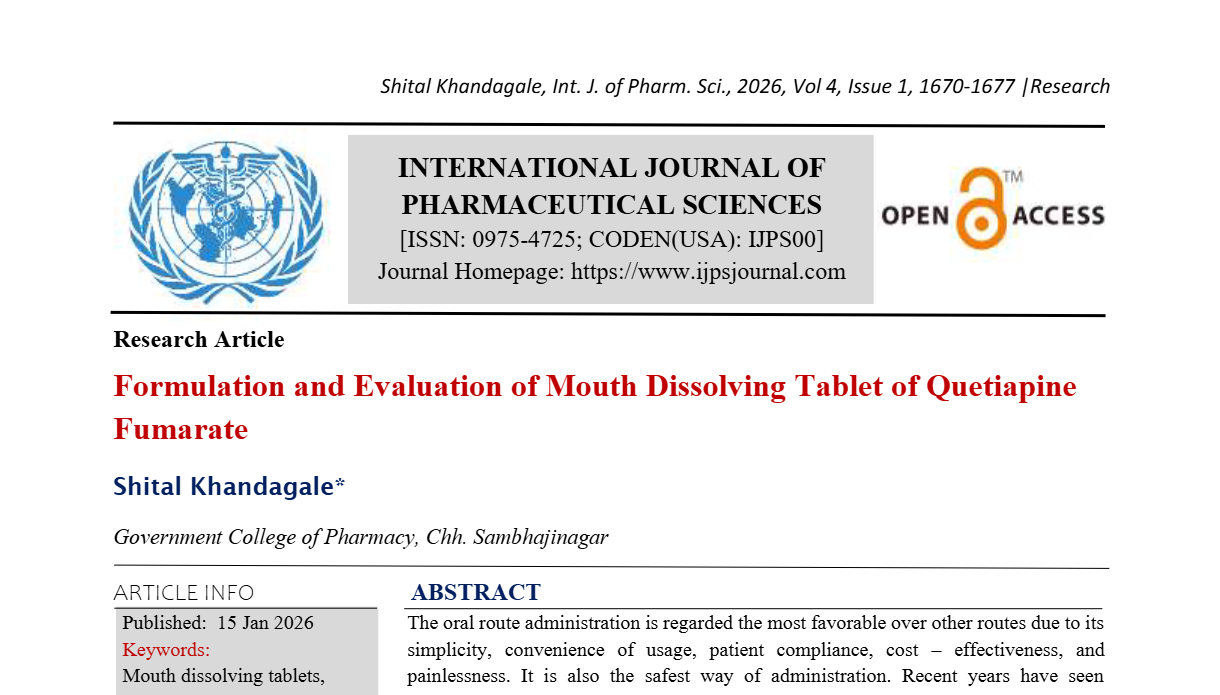 Formulation and Evaluation of Mouth Dissolving Tablet of Quetiapine Fumarate