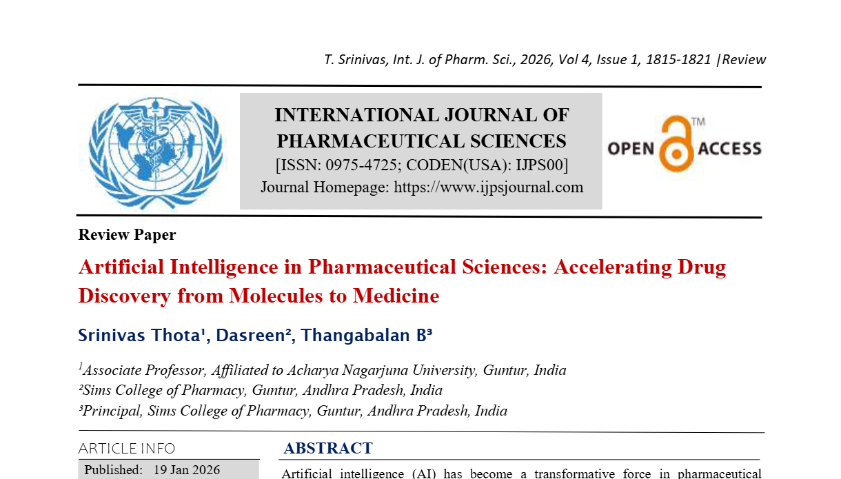 ARTIFICIAL INTELLIGENCE IN PHARMACEUTICAL SCIENCES: ACCELERATING DRUG DISCOVERY FROM MOLECULES TO MEDICINE 