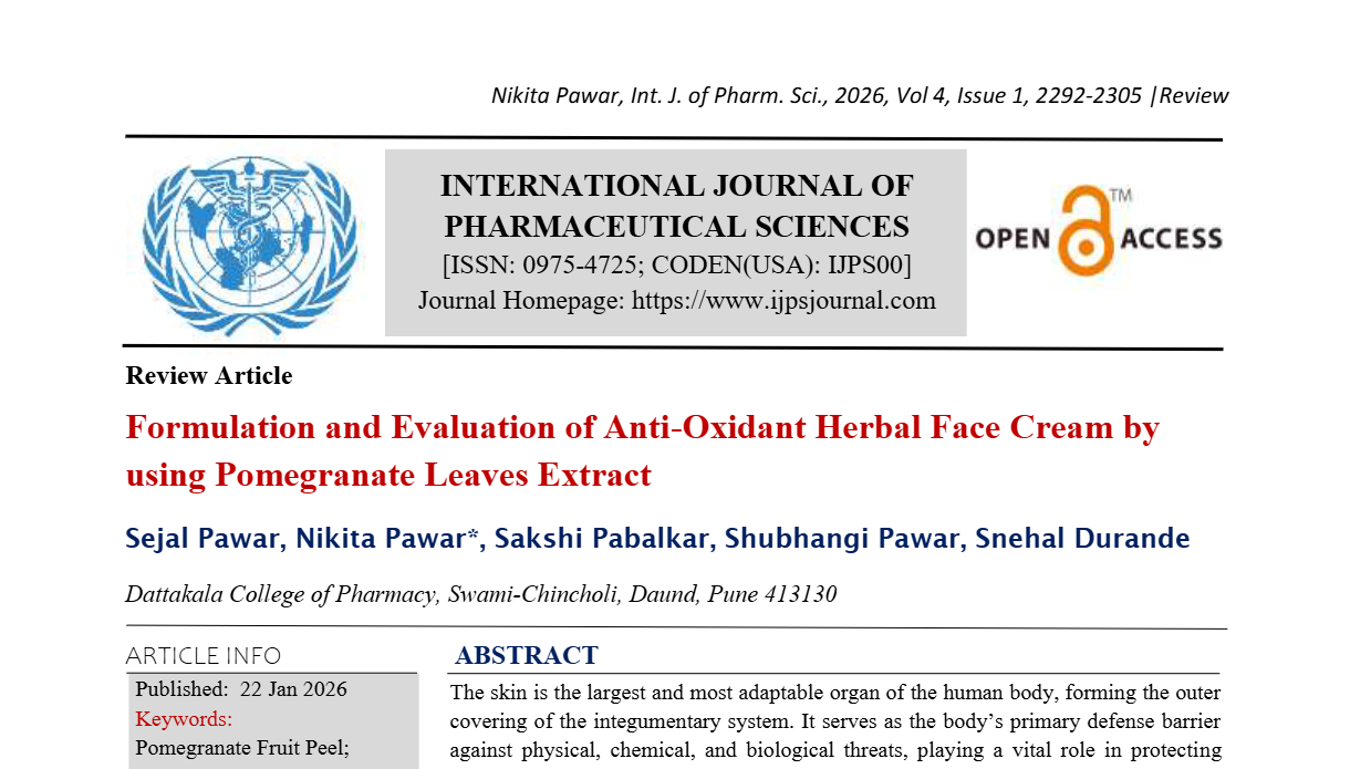 Formulation and Evaluation of Anti-Oxidant Herbal Face Cream by using Pomegranate Leaves Extract