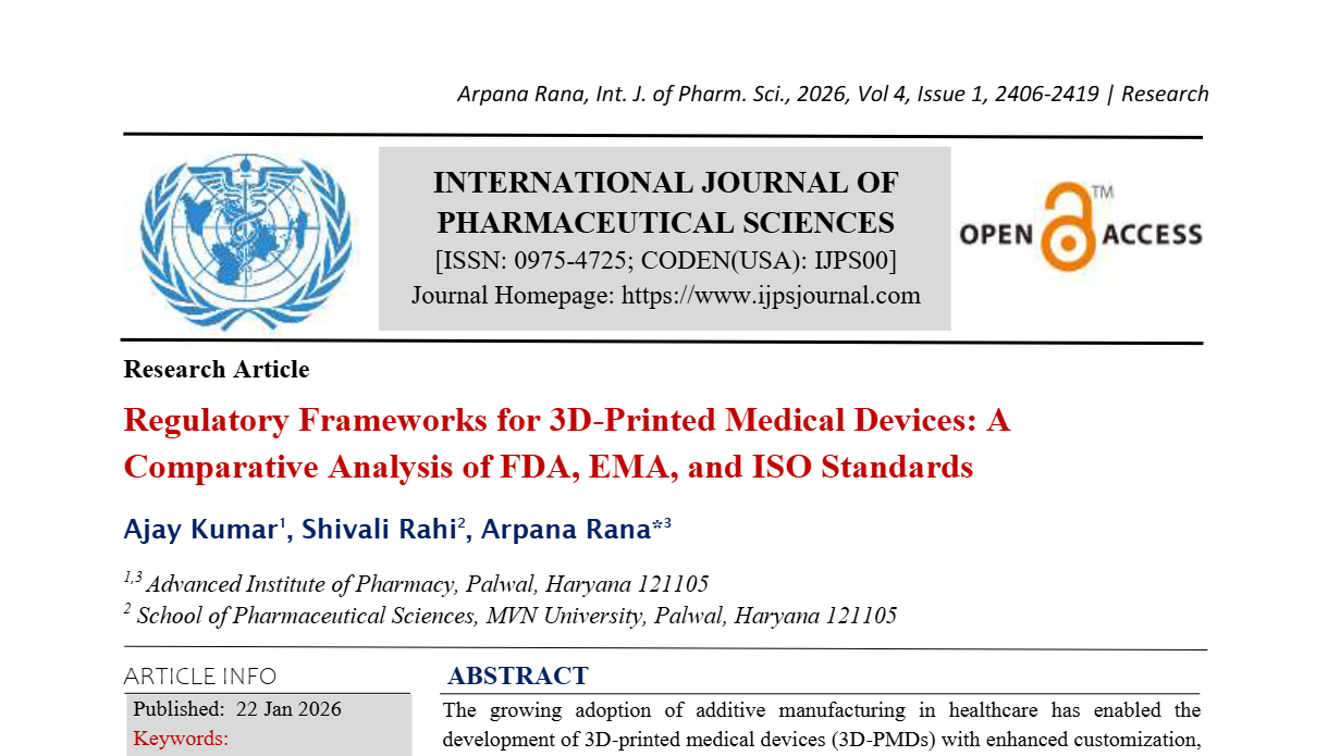 Regulatory Frameworks for 3D-Printed Medical Devices: A Comparative Analysis of FDA, EMA, and ISO Standards