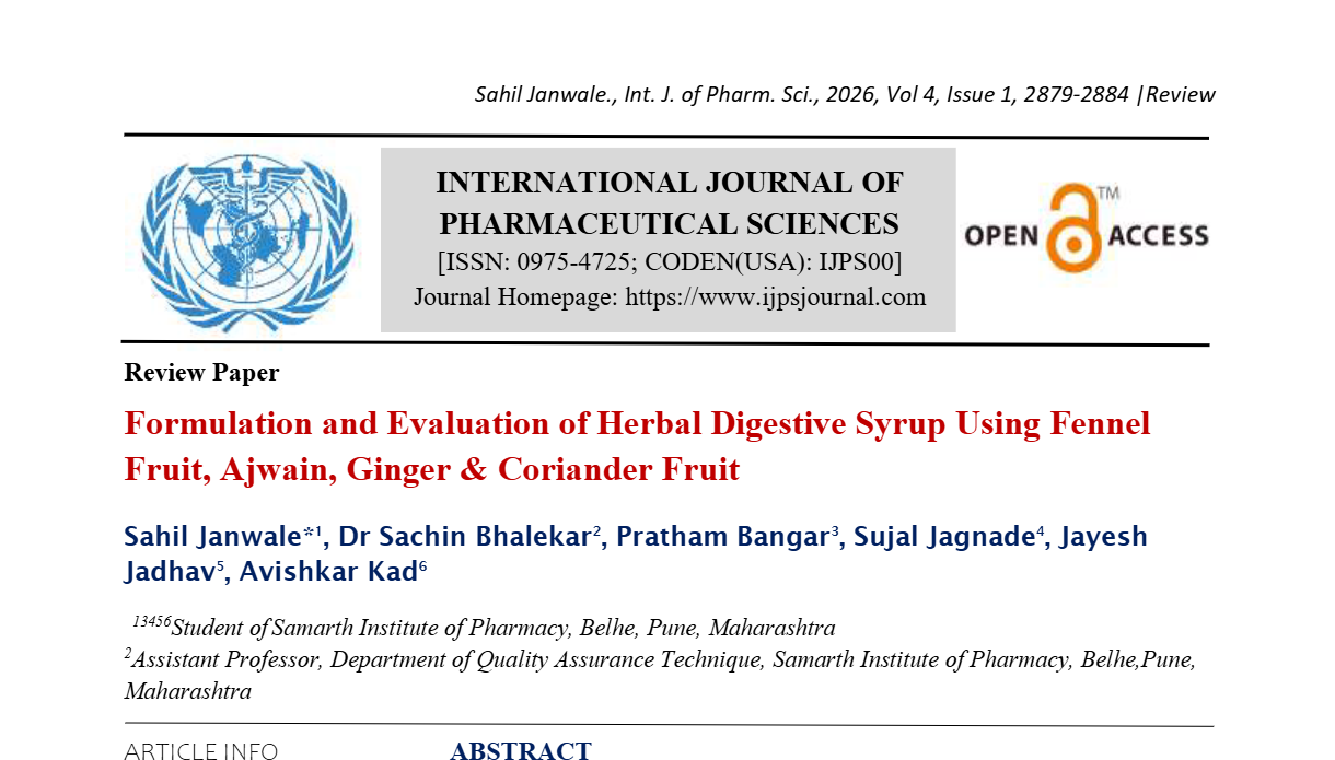 Formulation and Evaluation of Herbal Digestive Syrup Using Fennel Fruit, Ajwain, Ginger & Coriander Fruit