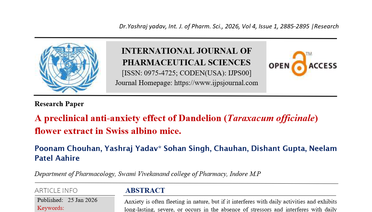 A preclinical anti-anxiety effect of Dandelion (Taraxacum officinale) flower extract in Swiss albino mice