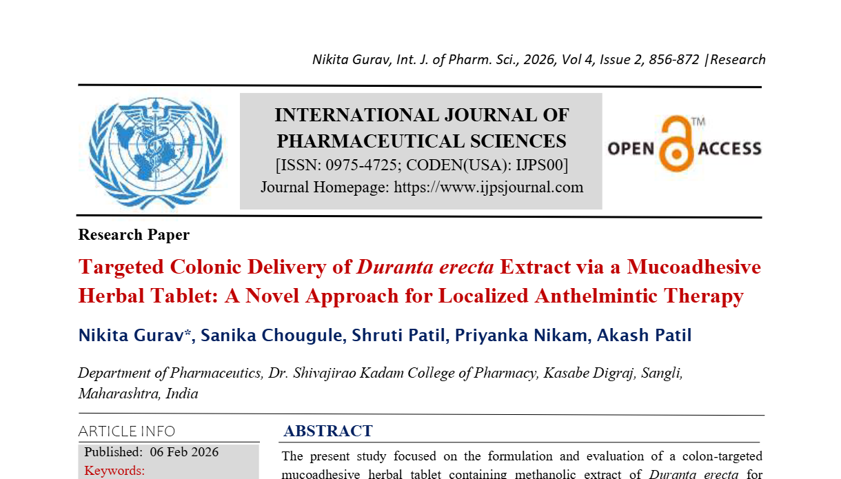 Targeted Colonic Delivery of Duranta erecta Extract via a Mucoadhesive Herbal Tablet: A Novel Approach for Localized Anthelmintic Therapy