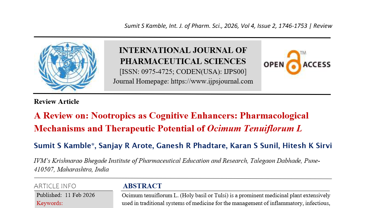 A Review on: Nootropics as Cognitive Enhancers: Pharmacological Mechanisms and Therapeutic Potential of Ocimum Tenuiflorum L