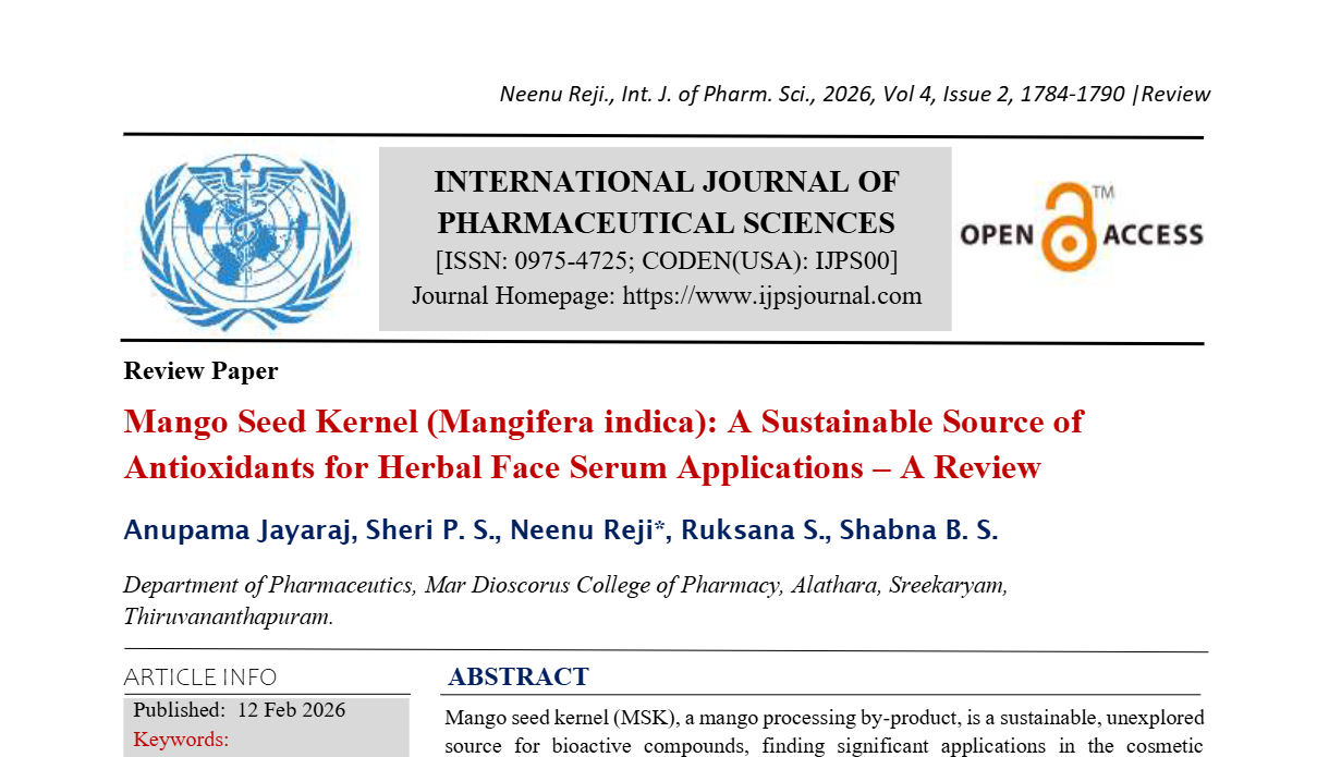 Mango Seed Kernel (Mangifera indica): A Sustainable Source of Antioxidants for Herbal Face Serum Applications – A Review