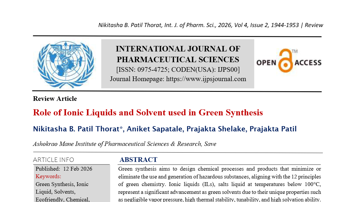 Role of Ionic Liquids and Solvent used in Green Synthesis