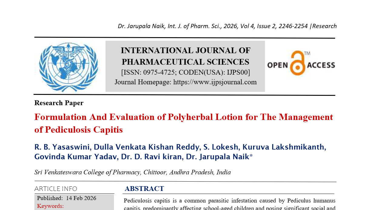 Formulation And Evaluation of Polyherbal Lotion for The Management of Pediculosis Capitis