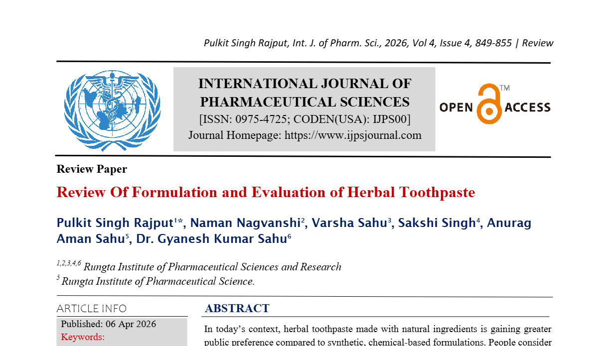 Review Of Formulation and Evaluation of Herbal Toothpaste