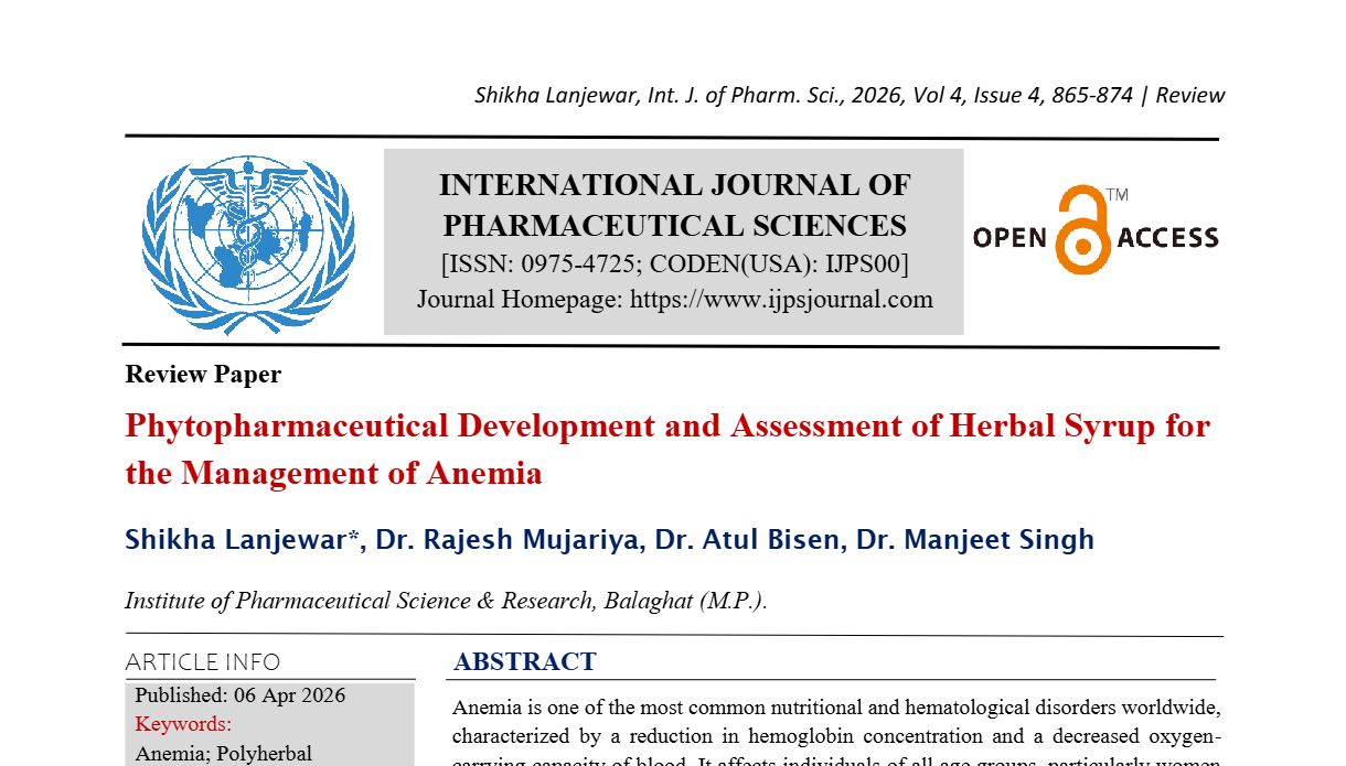 Phytopharmaceutical Development and Assessment of Herbal Syrup for the Management of Anemia