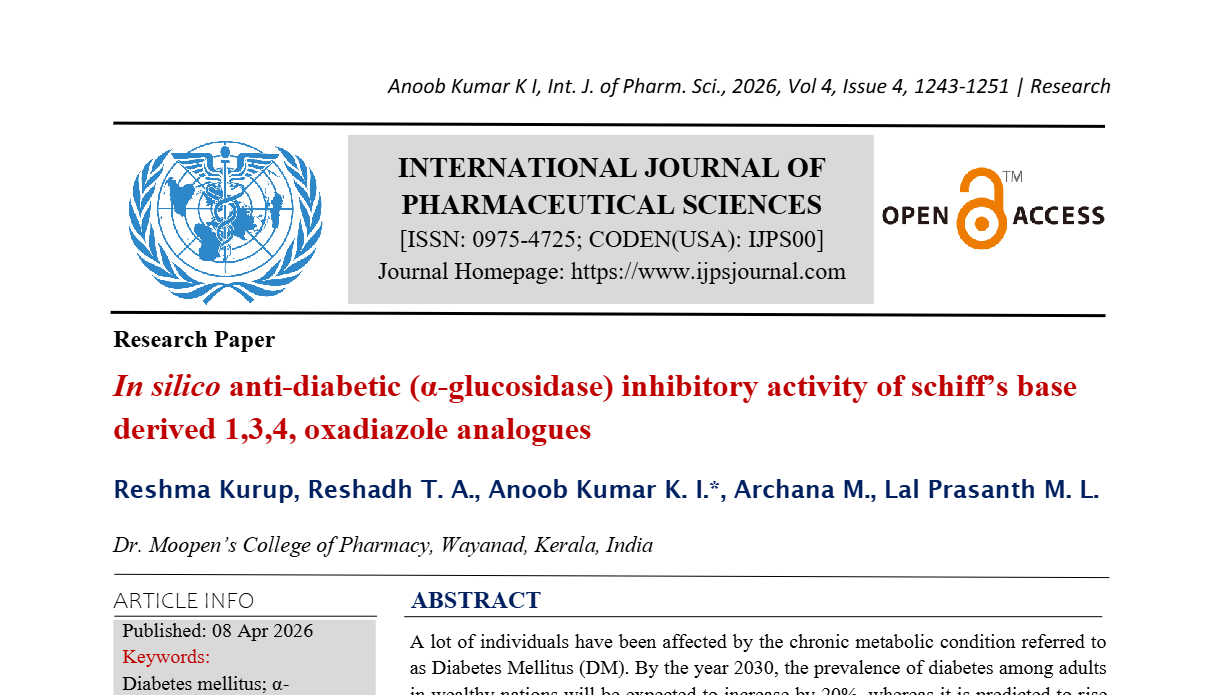 In silico anti-diabetic (?-glucosidase) inhibitory activity of schiff’s base derived 1,3,4, oxadiazole analogues.