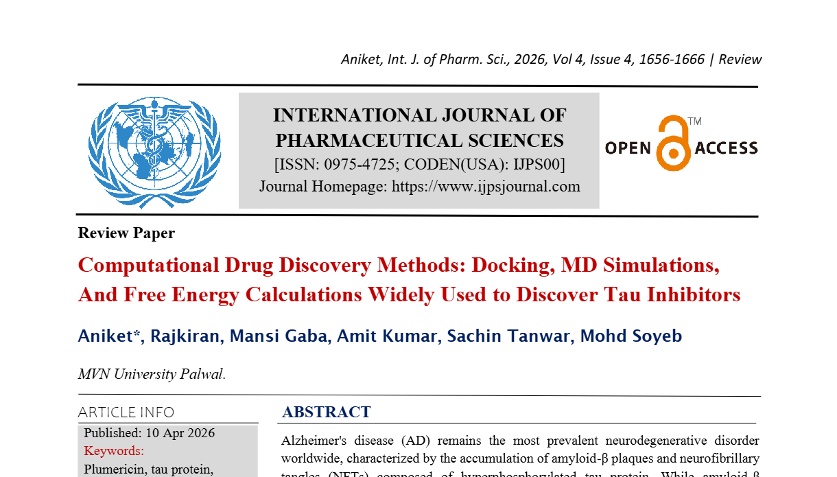 Computational drug discovery methods: docking, MD simulations, and  free energy calculations widely used to discover Tau inhibitors. 