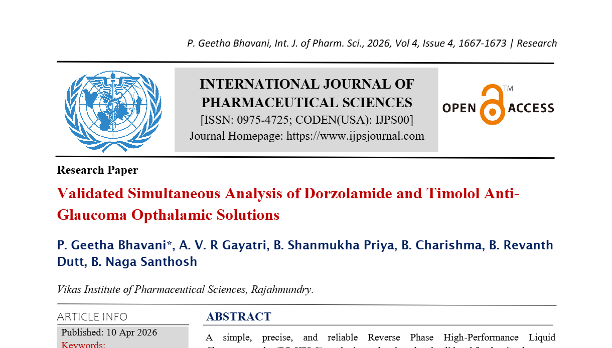 Validated Simultaneous Analysis of Dorzolamide and Timolol Anti-Glaucoma Opthalamic Solutions