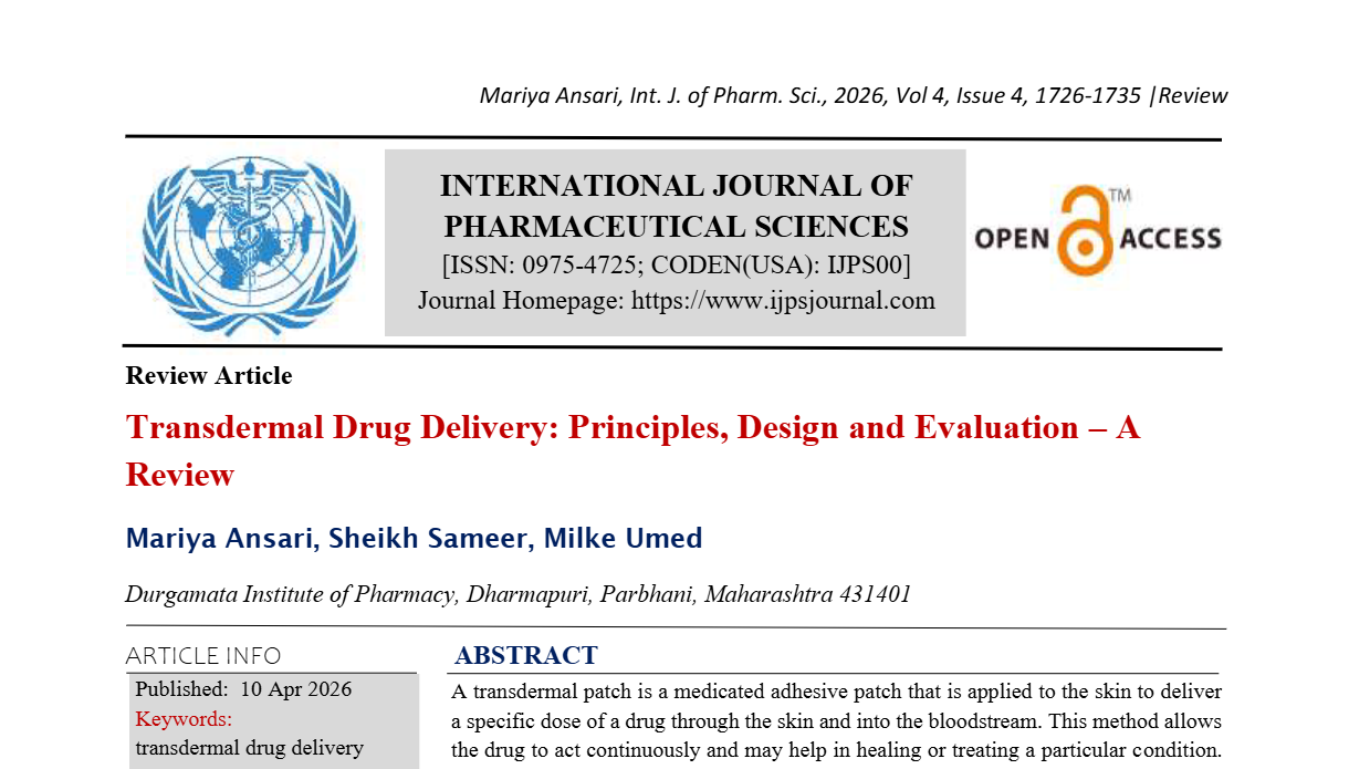 Transdermal Drug Delivery: Principles, Design and Evaluation – A Review  