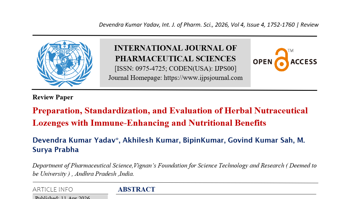 Preparation, standardization, and Evaluation of Herbal Nutraceutical Lozenges with Immune-Enhancing and Nutritional Benefits