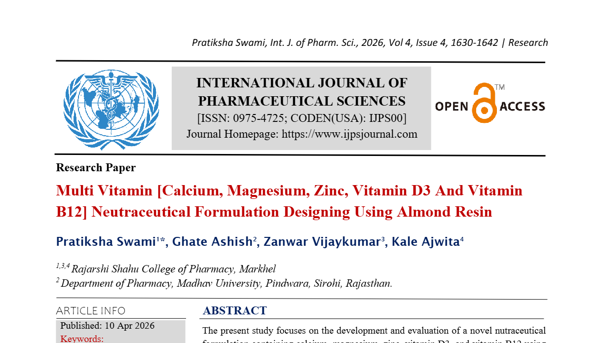 Multi Vitamin [Calcium, Magnesium, Zinc, Vitamin D3 And Vitamin B12] Neutraceutical Formulation Designing Using Almond Resin