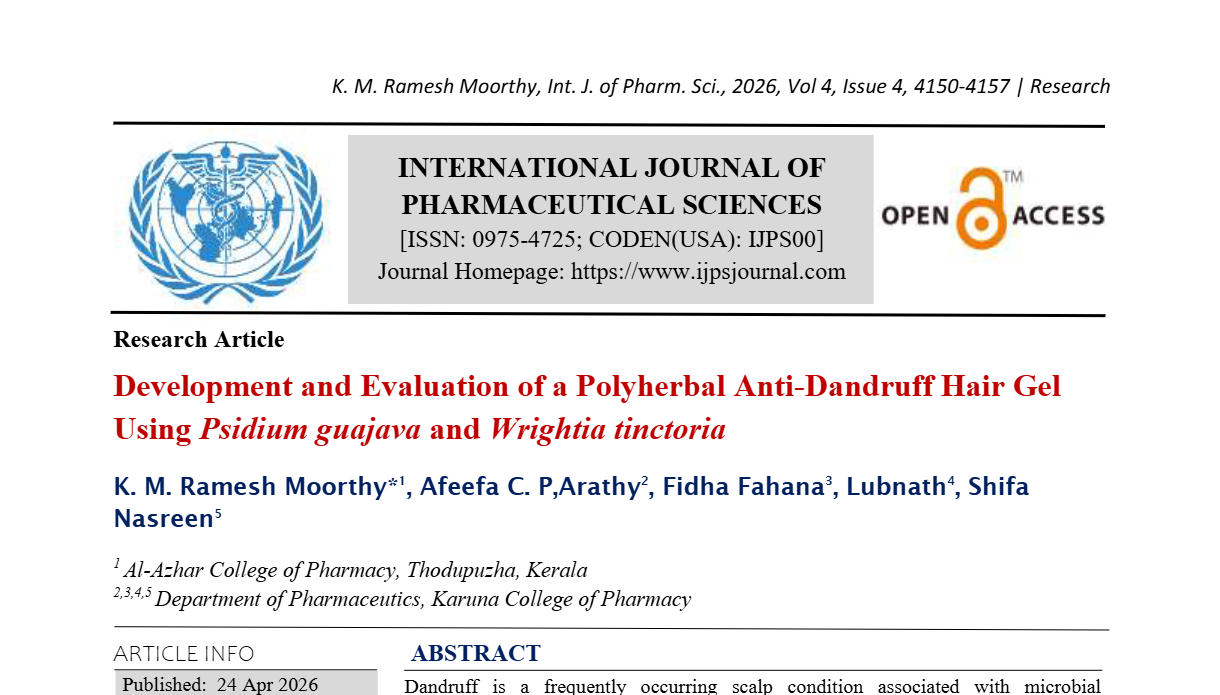 Development and Evaluation of a Polyherbal Anti-Dandruff Hair Gel Using Psidium guajava and Wrightia tinctoria