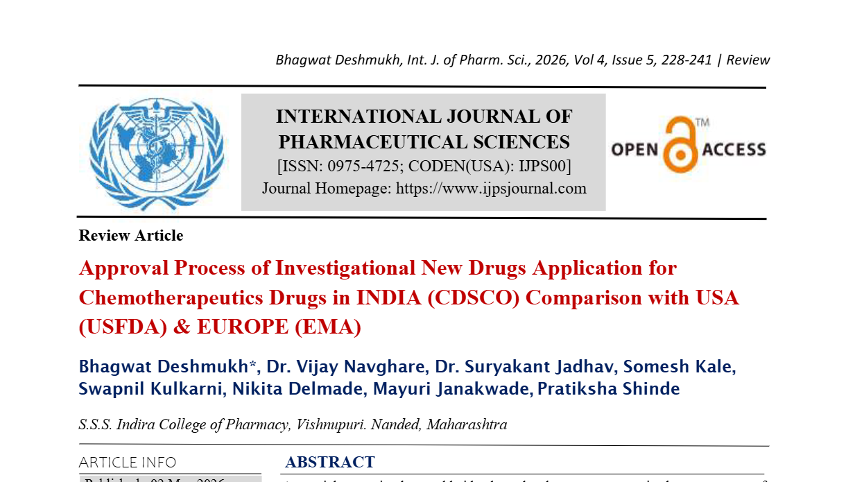 Approval Process of Investigational New Drugs Application for Chemotherapeutics Drugs in INDIA (CDSCO) Comparison with USA (USFDA) & EUROPE (EMA)