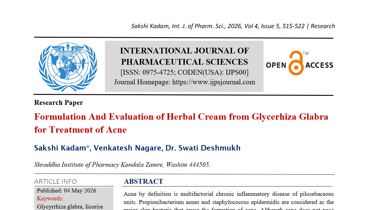 Formulation And Evaluation of Herbal Cream From Glycerhiza Glabra For  Treatment Of Acne