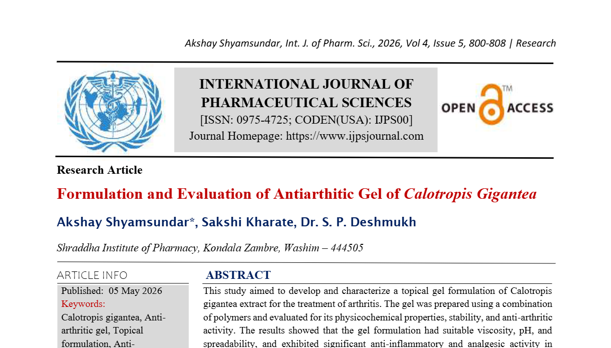 Formulation and Evaluation of Antiarthitic Gel of Calotropis Gigantea