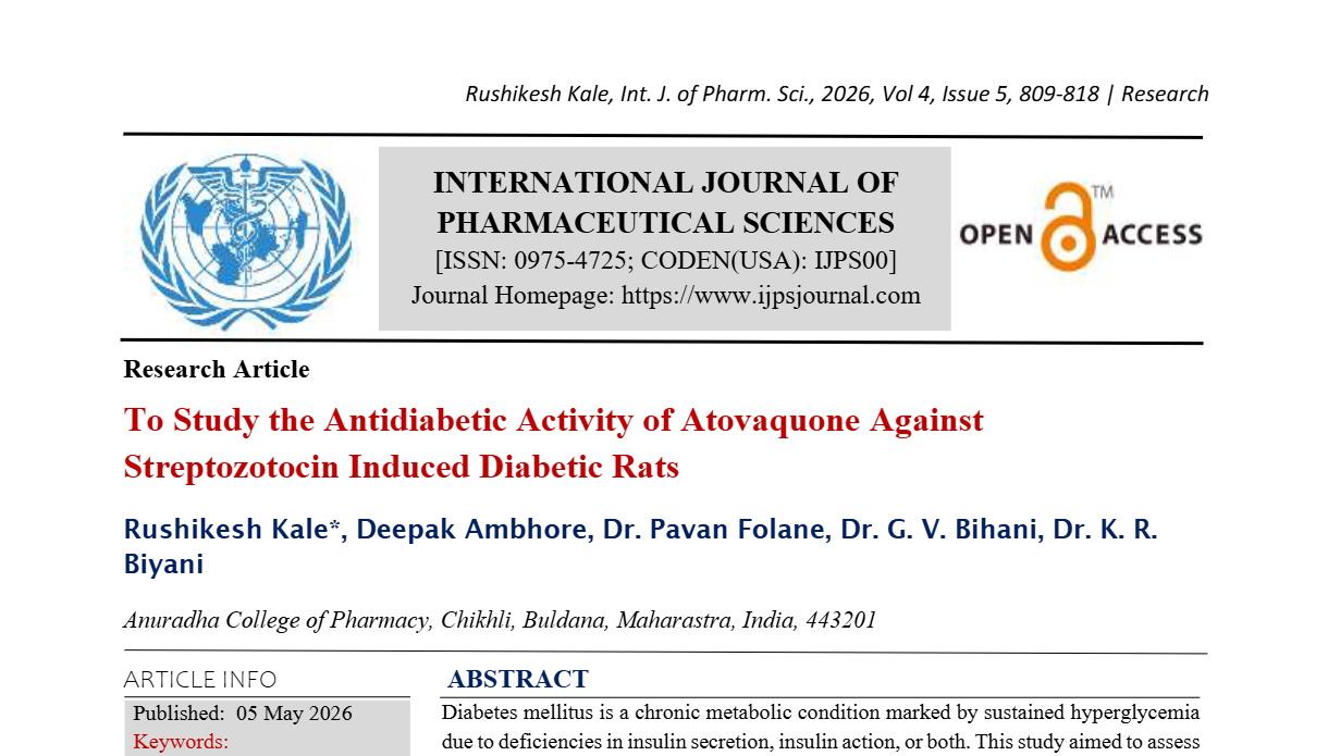 To Study the Antidiabetic Activity of Atovaquone Against Streptozotocin Induced Diabetic Rats