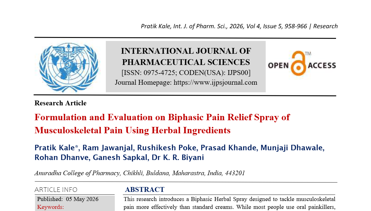 Formulation and Evaluation on Biphasic Pain Relief Spray of Musculoskeletal Pain Using Herbal Ingredients