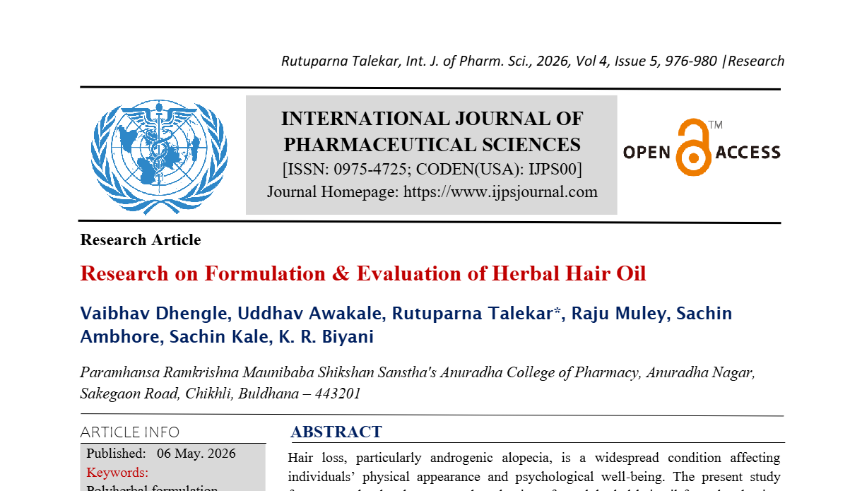 Research on Formulation & Evaluation of Herbal Hair Oil 