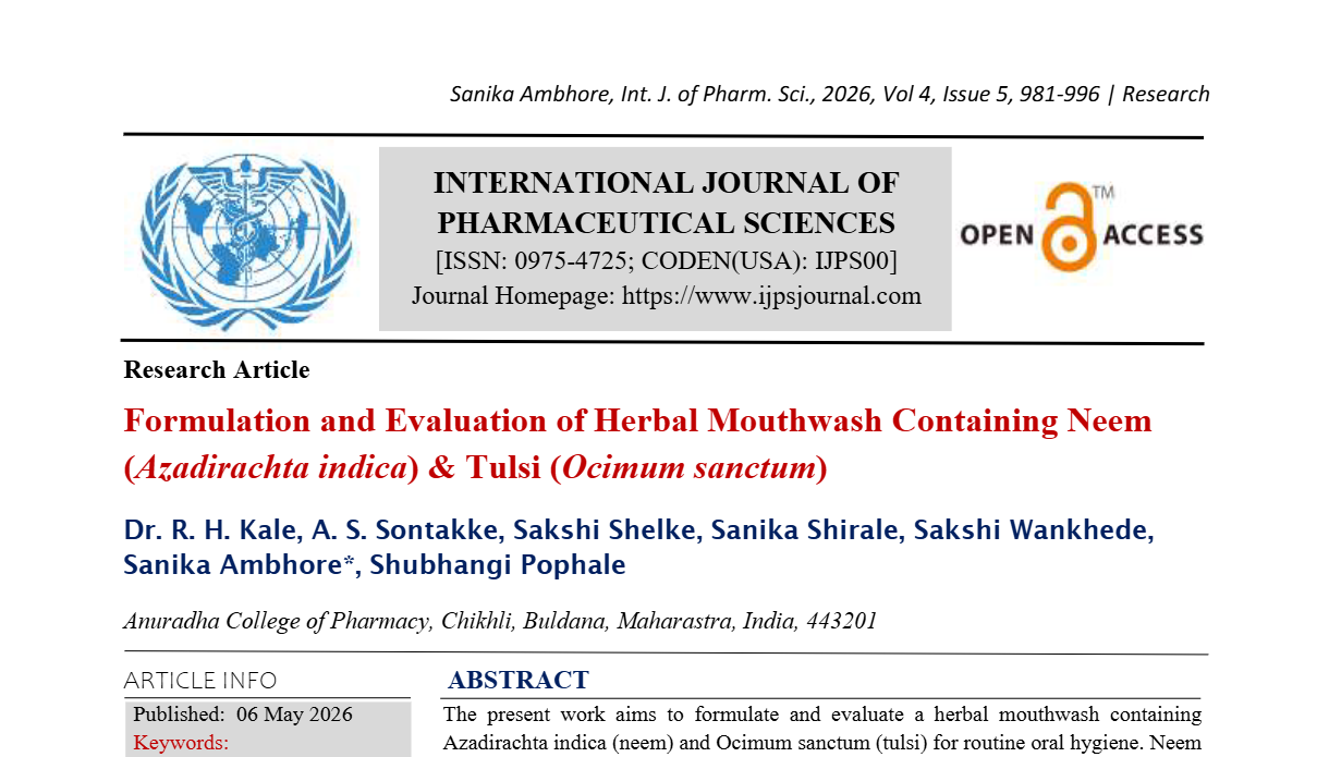 Formulation and Evaluation of Herbal Mouthwash Containing Neem (Azadirachta indica) & Tulsi (Ocimum sanctum)