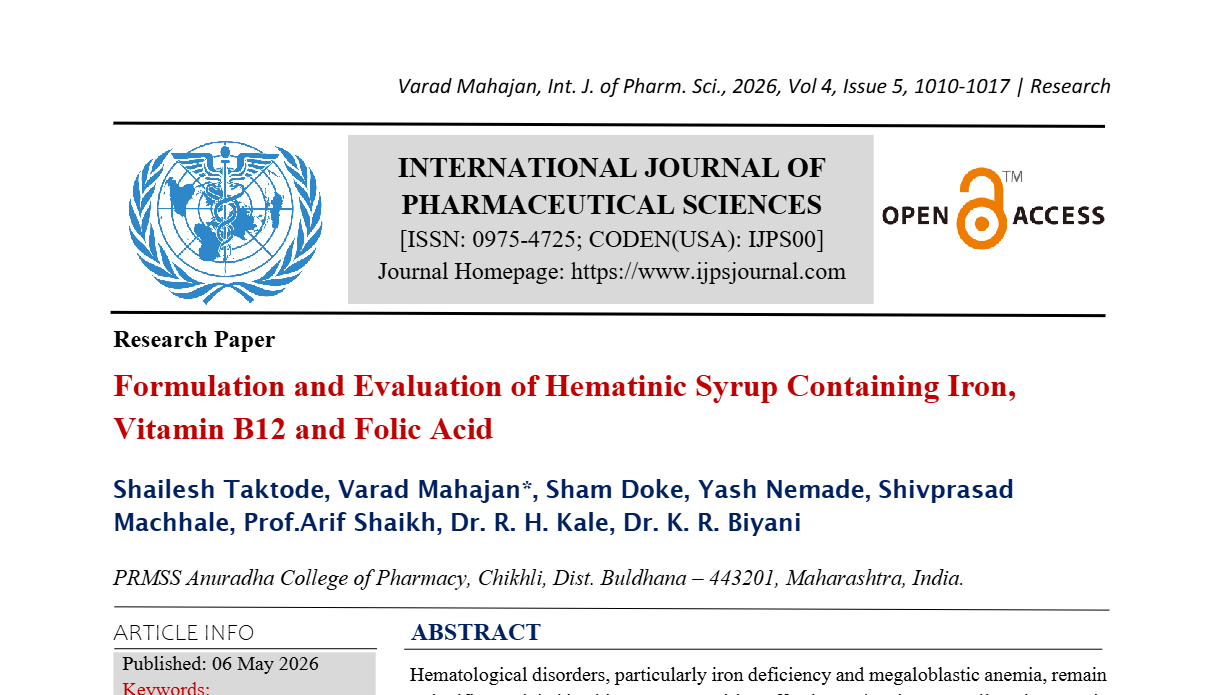 Formulation and Evaluation of Hematinic Syrup Containing Iron, Vitamin B12 and Folic Acid