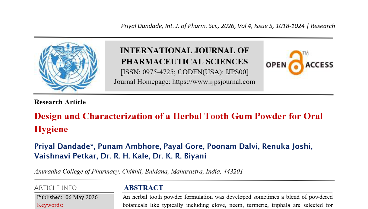 Design and Characterization of a Herbal Tooth Gum Powder for Oral Hygiene