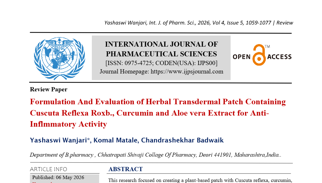 Formulation And Evaluation of Herbal Transdermal Patch Containing Cuscuta Reflexa Roxb., Curcumin and Aloe vera Extract for Anti-Inflmmatory Activity