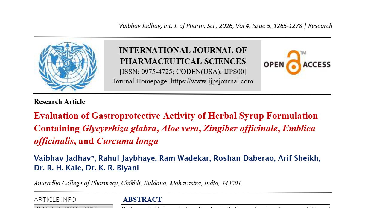 Evaluation of Gastroprotective Activity of Herbal Syrup Formulation Containing Glycyrrhiza glabra, Aloe vera, Zingiber officinale, Emblica officinalis, and Curcuma longa