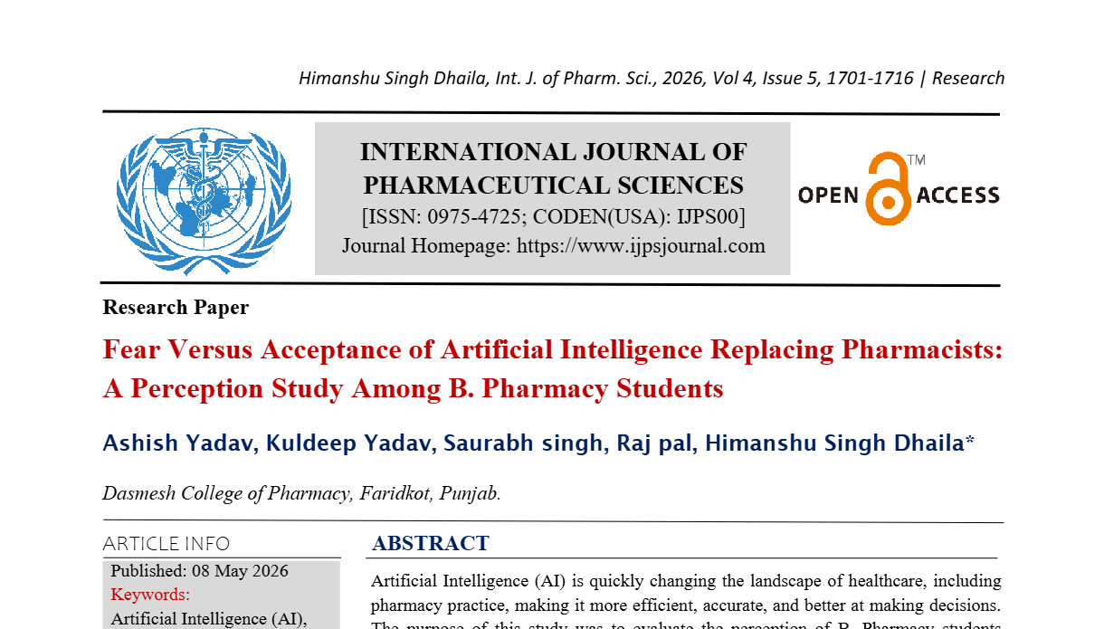 Fear Versus Acceptance of Artificial Intelligence Replacing Pharmacists:  A Perception Study Among B. Pharmacy Students