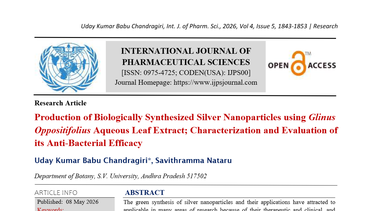 Production of Biologically Synthesized Silver Nanoparticles using Glinus Oppositifolius Aqueous Leaf Extract; Characterization and Evaluation of its Anti-Bacterial Efficacy