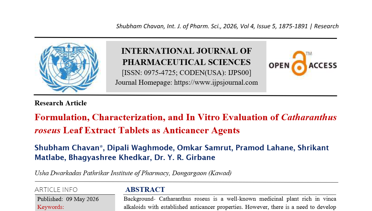 Formulation, Characterization, and In Vitro Evaluation of Catharanthus roseus Leaf Extract Tablets as Anticancer Agents
