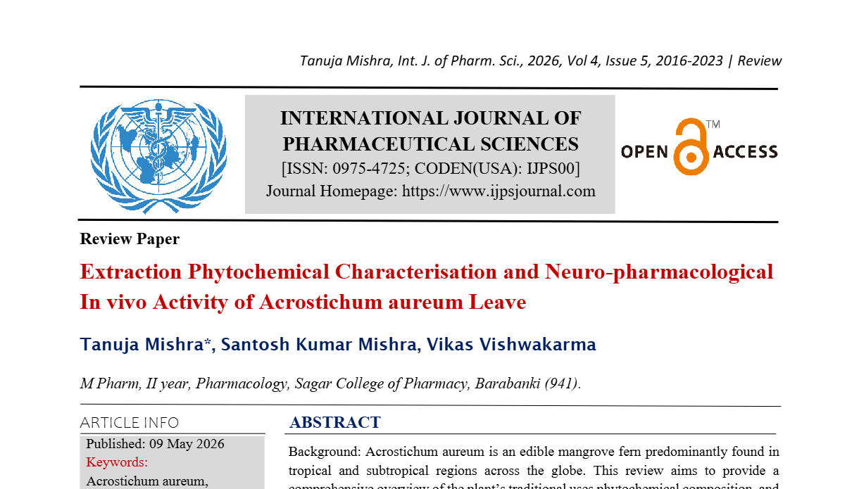Extraction Phytochemical Characterisation and Neuro-pharmacological In vivo Activity of Acrostichum aureum Leave