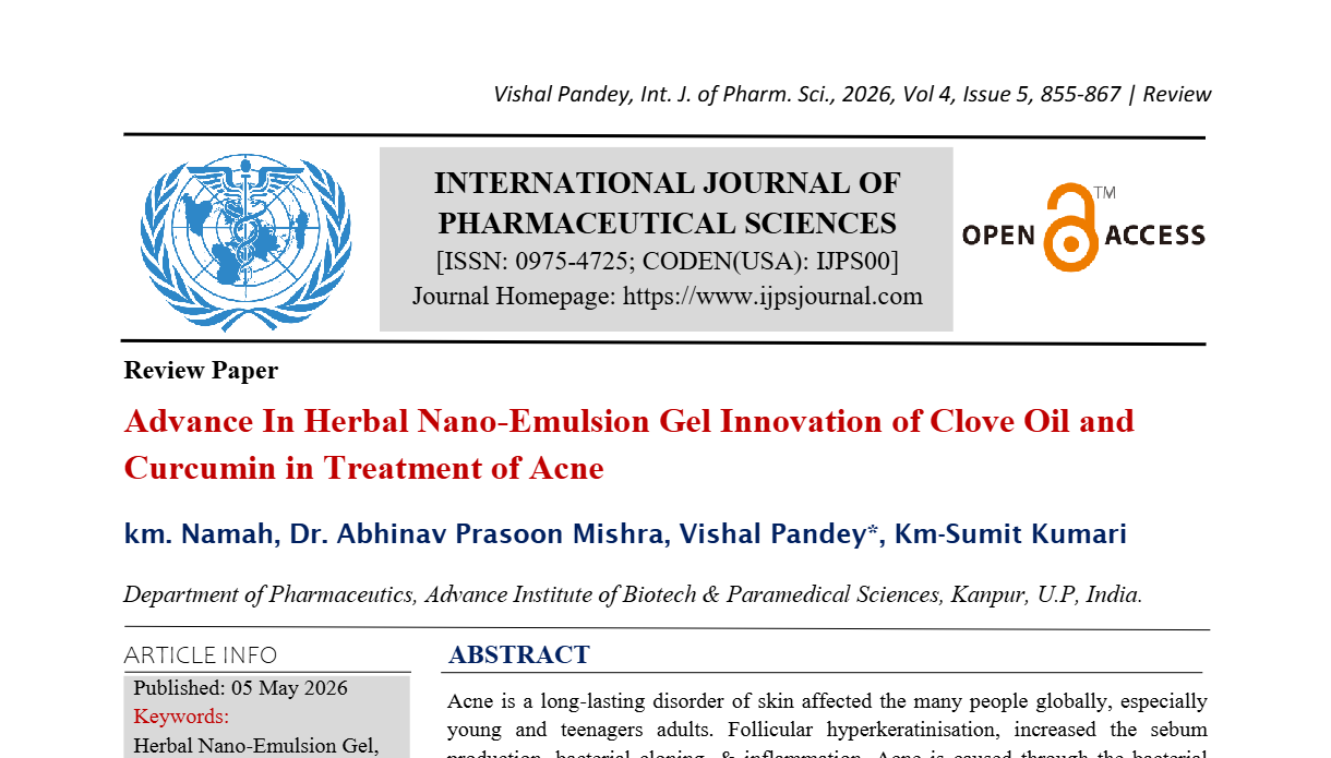 Advance In Herbal Nano-Emulsion Gel Innovation of Clove Oil and Curcumin in Treatment of Acne