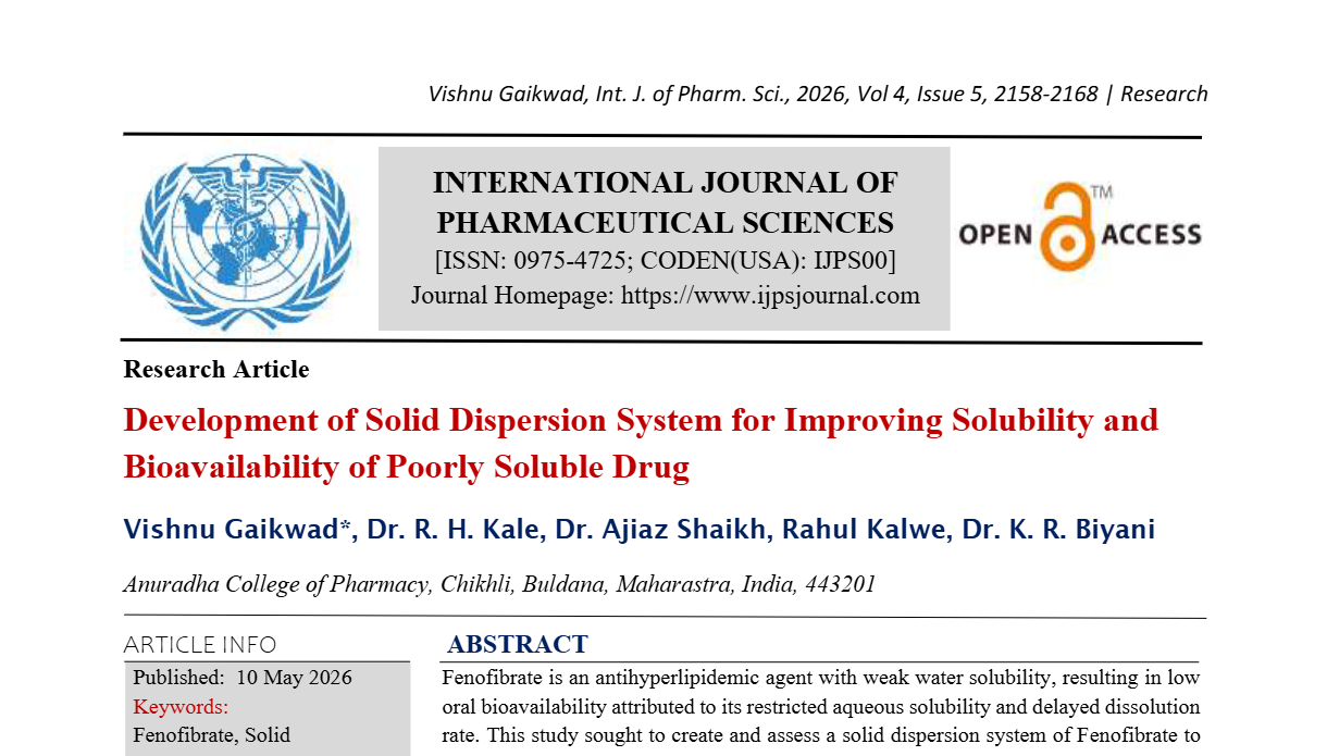Development of Solid Dispersion System for Improving Solubility and Bioavailability of Poorly Soluble Drug
