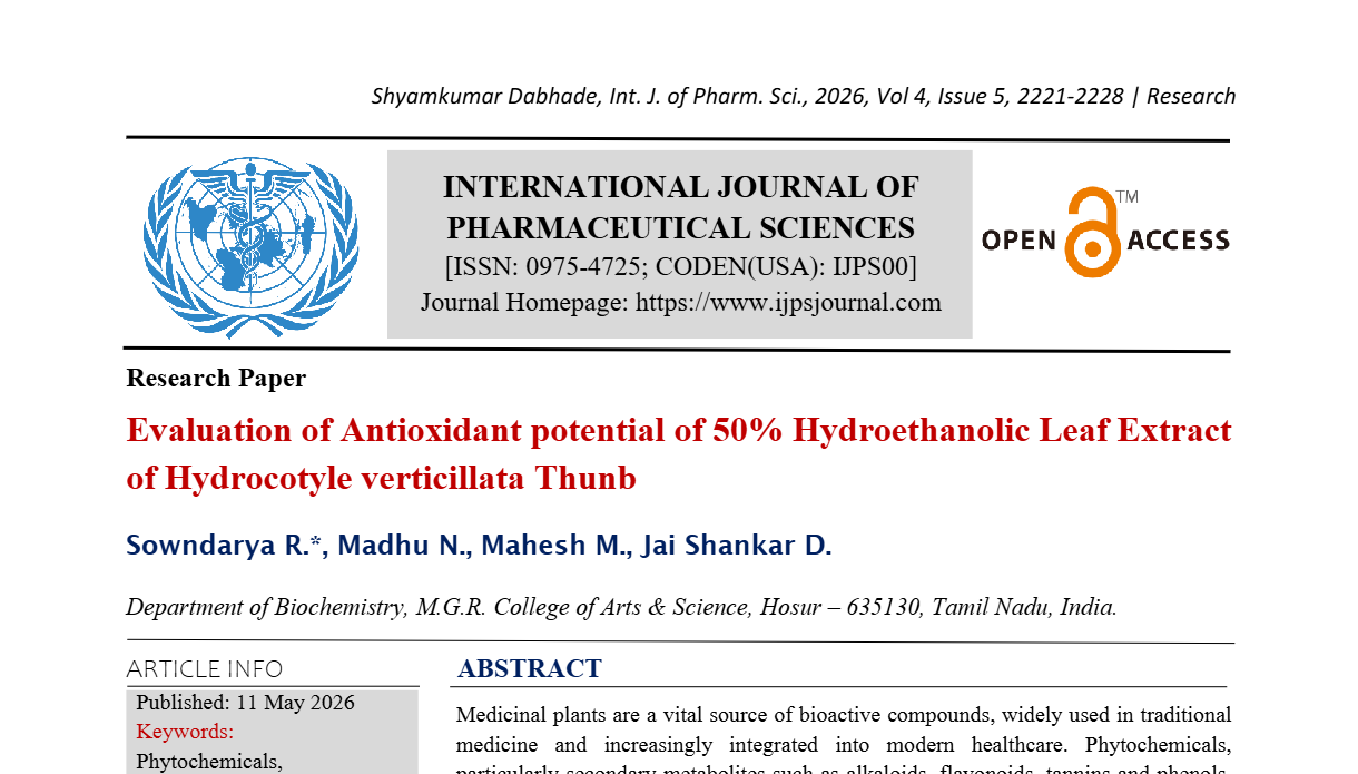 Evaluation of Antioxidant potential of 50% Hydroethanolic Leaf Extract of Hydrocotyle verticillata Thunb