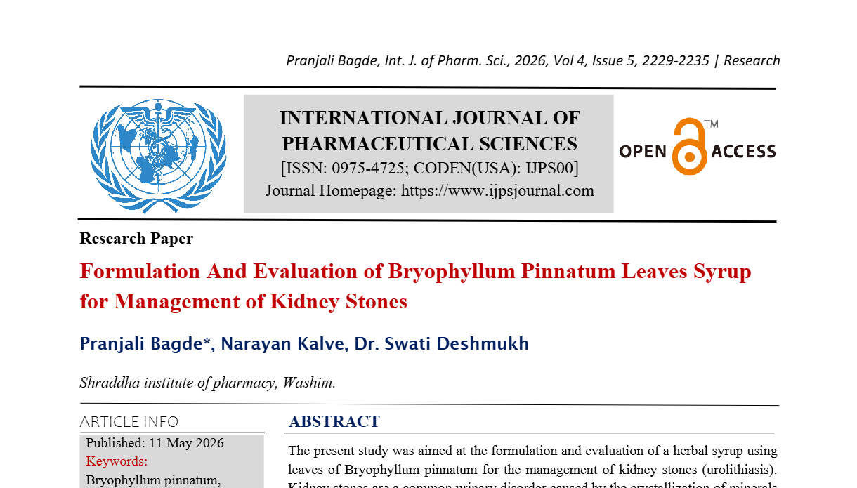 Formulation and evaluation of Bryophyllum pinnatum leaves syrup for the management of kidney stones 