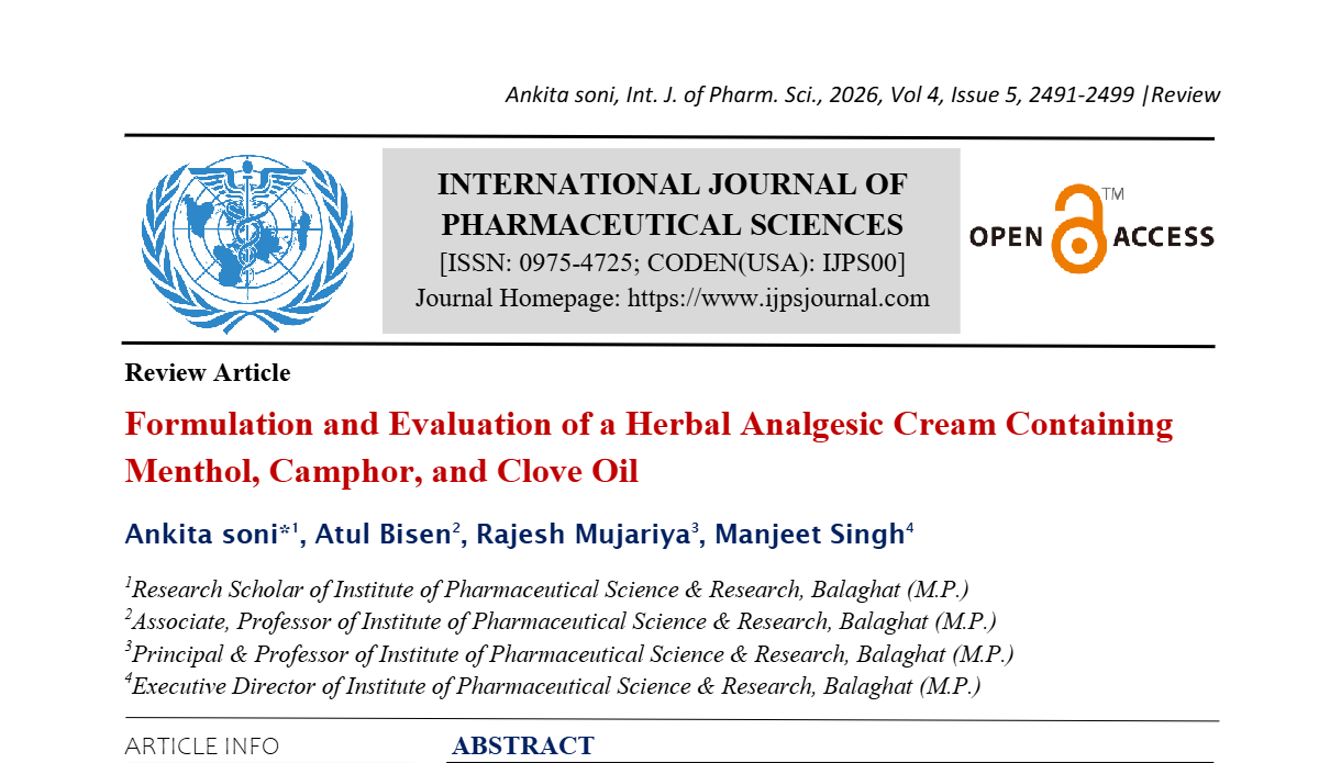 Formulation and Evaluation of a Herbal Analgesic Cream Containing Menthol, Camphor, and Clove Oil
