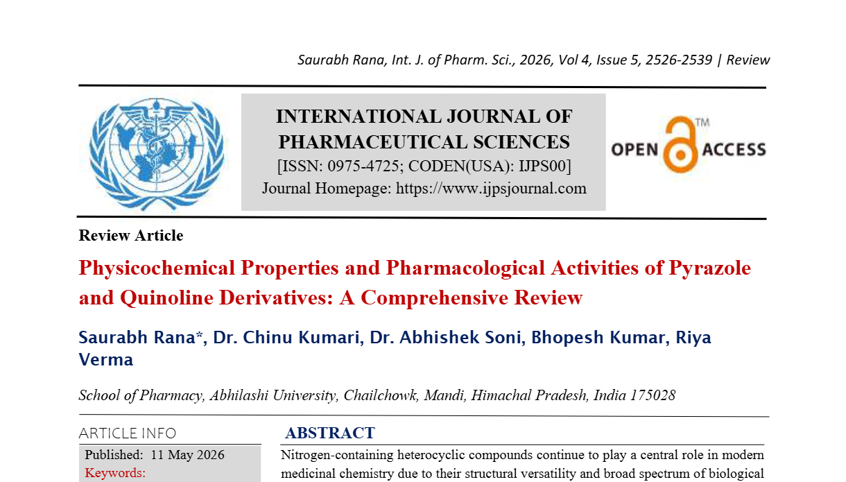 Physicochemical Properties and Pharmacological Activities of Pyrazole and Quinoline Derivatives: A Comprehensive Review