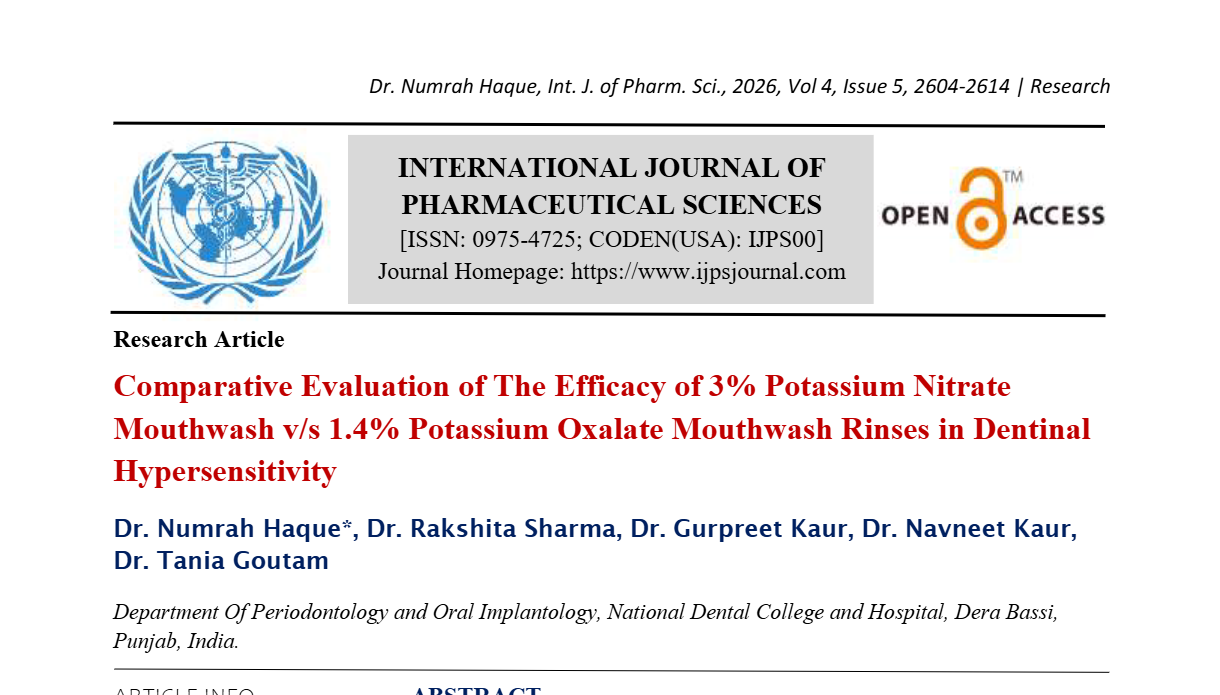 Comparative Evaluation of The Efficacy of 3% Potassium Nitrate Mouthwash v/s 1.4% Potassium Oxalate Mouthwash Rinses in Dentinal Hypersensitivity