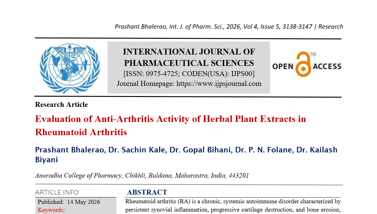Evaluation of Anti-Arthritis Activity of Herbal Plant Extracts in Rheumatoid Arthritis