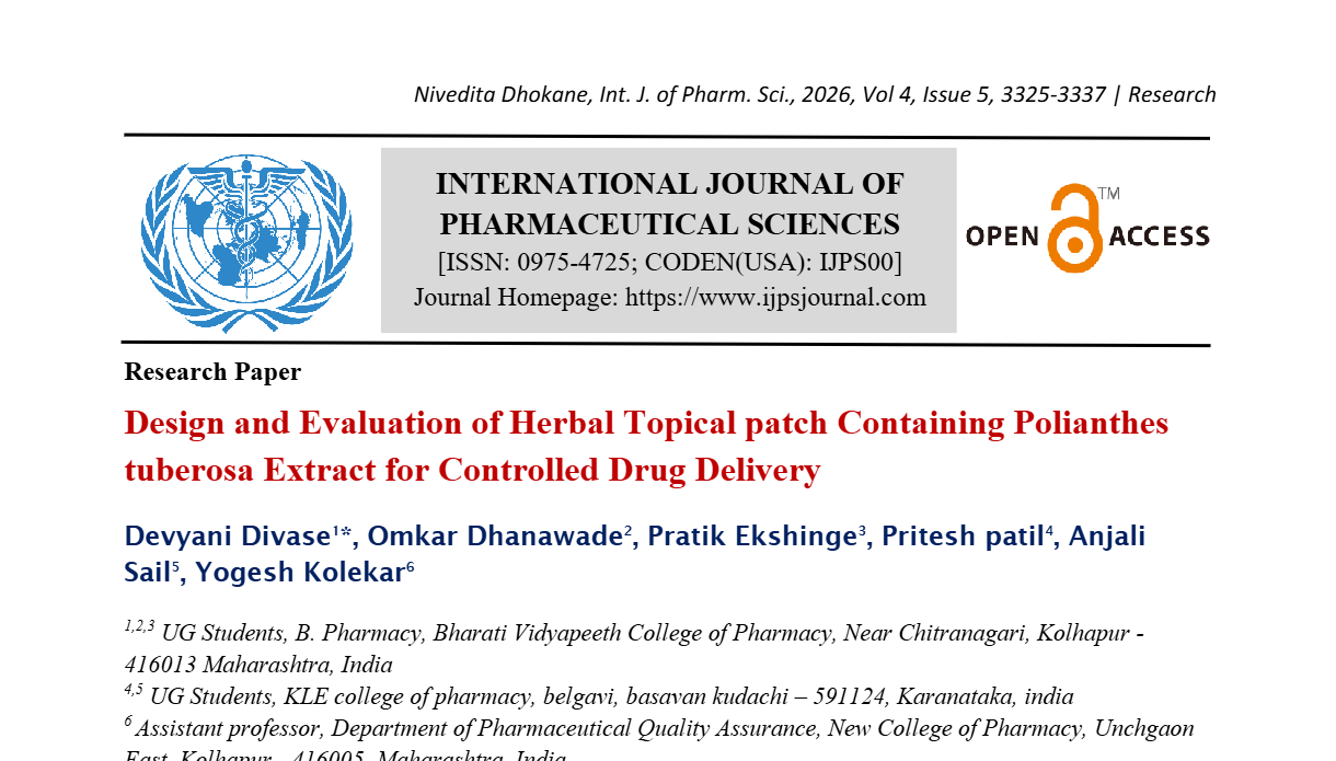 Design and Evaluation of Herbal Topical patch Containing Polianthes tuberosa Extract for Controlled Drug Delivery