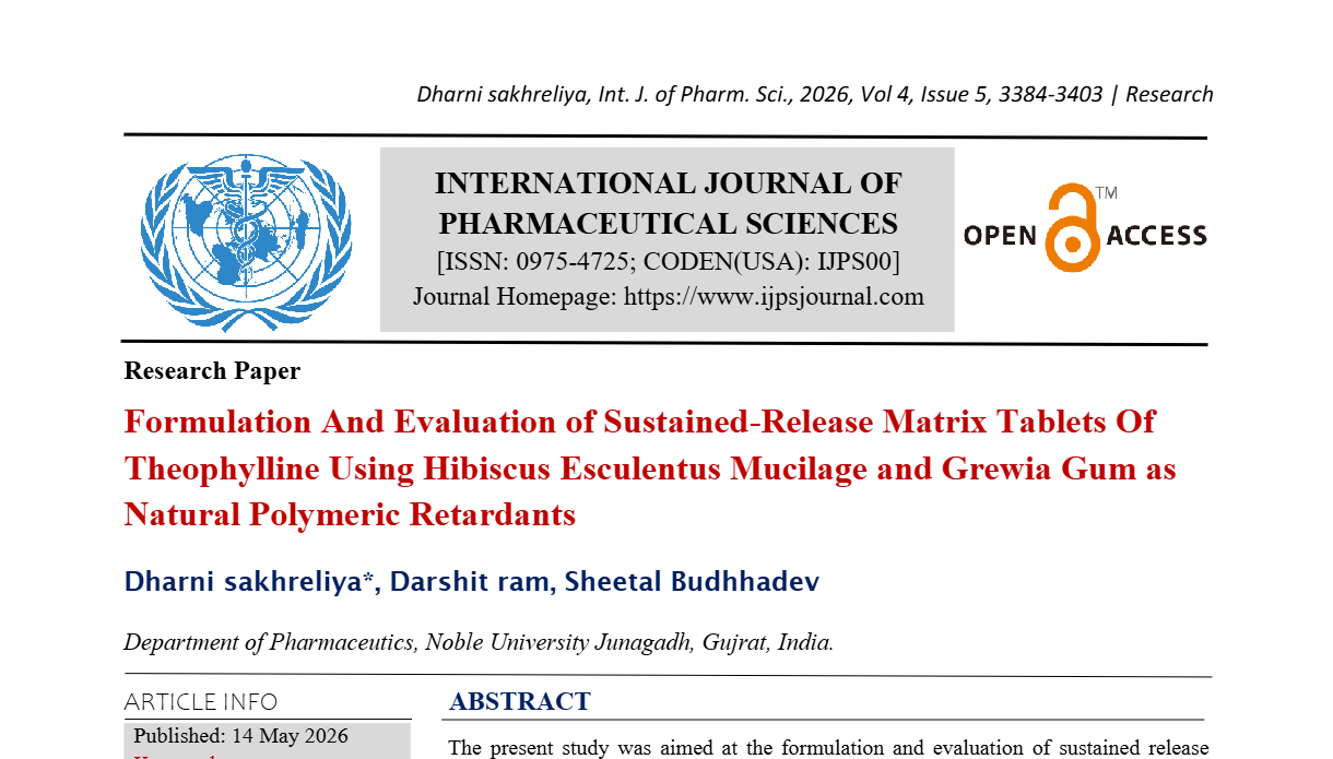 Formulation And Evaluation Of Sustained-Release Matrix Tablets Of Theophylline Using Hibiscus Esculentus Mucilage and Grewia Gum as Natural Polymeric Retardants