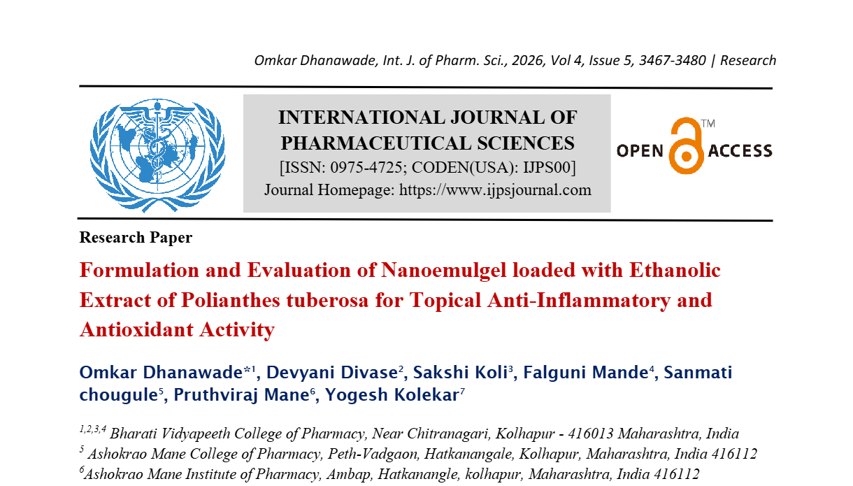 Formulation and Evaluation of Nanoemulgel loaded with Ethanolic Extract of Polianthes tuberosa for Topical Anti-Inflammatory and Antioxidant Activity