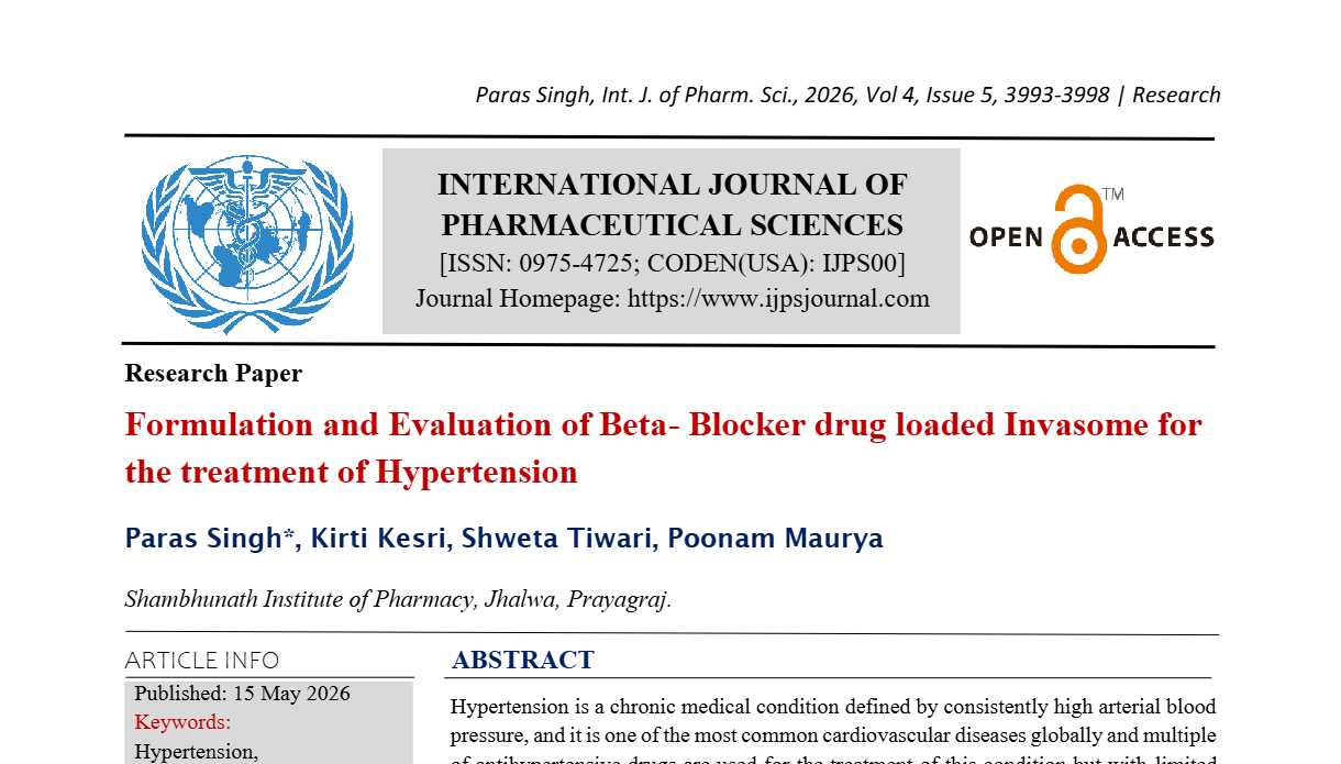 Formulation and Evaluation of Beta- Blocker drug loaded Invasome for the treatment of Hypertension